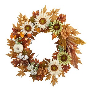 Nearly Natural 30” Autumn Sunflower, White Pumpkin and Berries Artificial Fall Wreath - 1 of 3