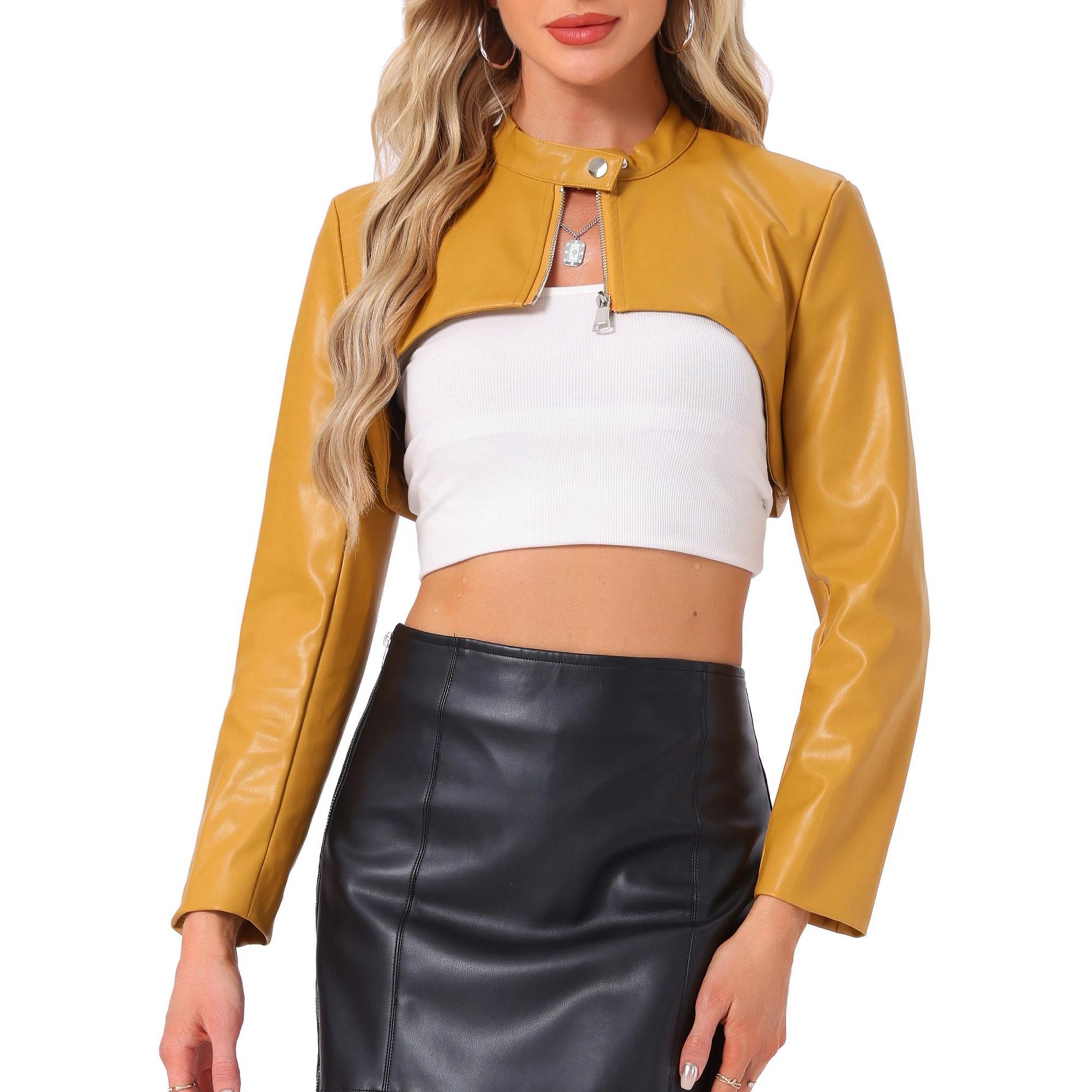 INSPIRE CHIC Women's Faux Leather Cropped Stand Collar Zipper Front Moto Biker Long Sleeve Jacket Large Yellow