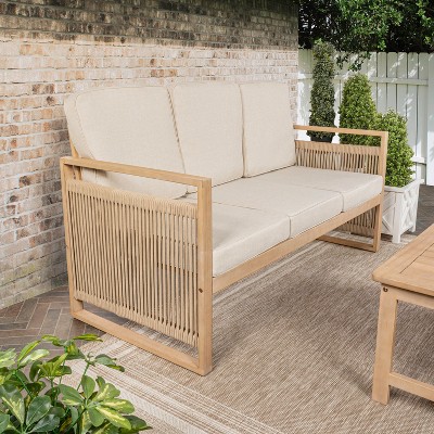 Gable Beige and Light Teak Roped Acacia Wood Outdoor Sofa with Cushions