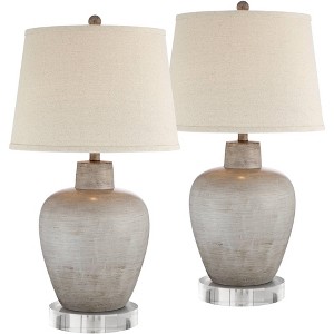 Regency Hill Glenn Rustic Farmhouse Table Lamps Set of 2 with Round Risers 28 1/2" Tall Neutral Fabric Drum Shade for Bedroom Living Room Nightstand - 1 of 4