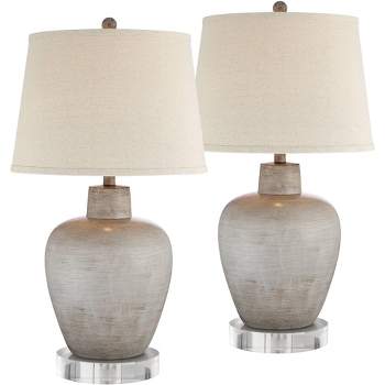 Regency Hill Glenn Rustic Farmhouse Table Lamps Set of 2 with Round Risers 28 1/2" Tall Neutral Fabric Drum Shade for Bedroom Living Room Nightstand