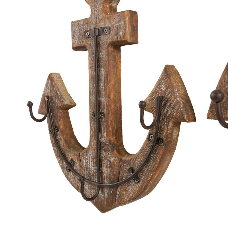 Set of 2 Wood Anchor White Washed 4 Hanger Wall Hooks with Hanging Rope and Bronze Metal Accents Brown - Olivia &#38; May, 3 of 9