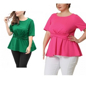 Women's Plus Size 2 Piece Twisted Knot Front Short Sleeves Crew Neck Solid Casual Peplum Blouses - Agnes Orinda - 1 of 4