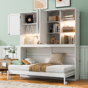 TiramisuBest Twin Size Wall Murphy Bed with Top Cabinet, Shelves ,Space Saving Foldable Bed with Light & USB - 1 of 4