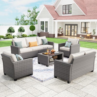 Garvee 7 Pieces Patio Furniture Sets All Weather Outdoor Sectional Patio Sofa, Wicker Rattan Patio Seating Sofas with Cushion and Glass Table, Gray
