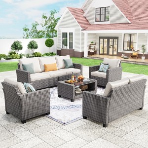 Garvee 7 Pieces Patio Furniture Sets All Weather Outdoor Sectional Patio Sofa, Wicker Rattan Patio Seating Sofas with Cushion and Glass Table, Gray - 1 of 4