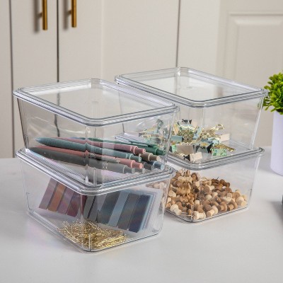 Martha Stewart 4pc 6.75" x 5" Plastic Stackable Storage Box with Lids Clear: Desk Organizer & Office Supplies Set