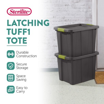 Tuff1 30-Gallon Stackable Black Plastic Storage Tote with Green Latches