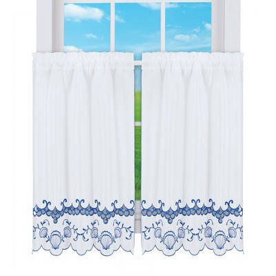 Collections Etc Embroidered Seashells Scalloped Edge Tiered Café Kitchen Curtains