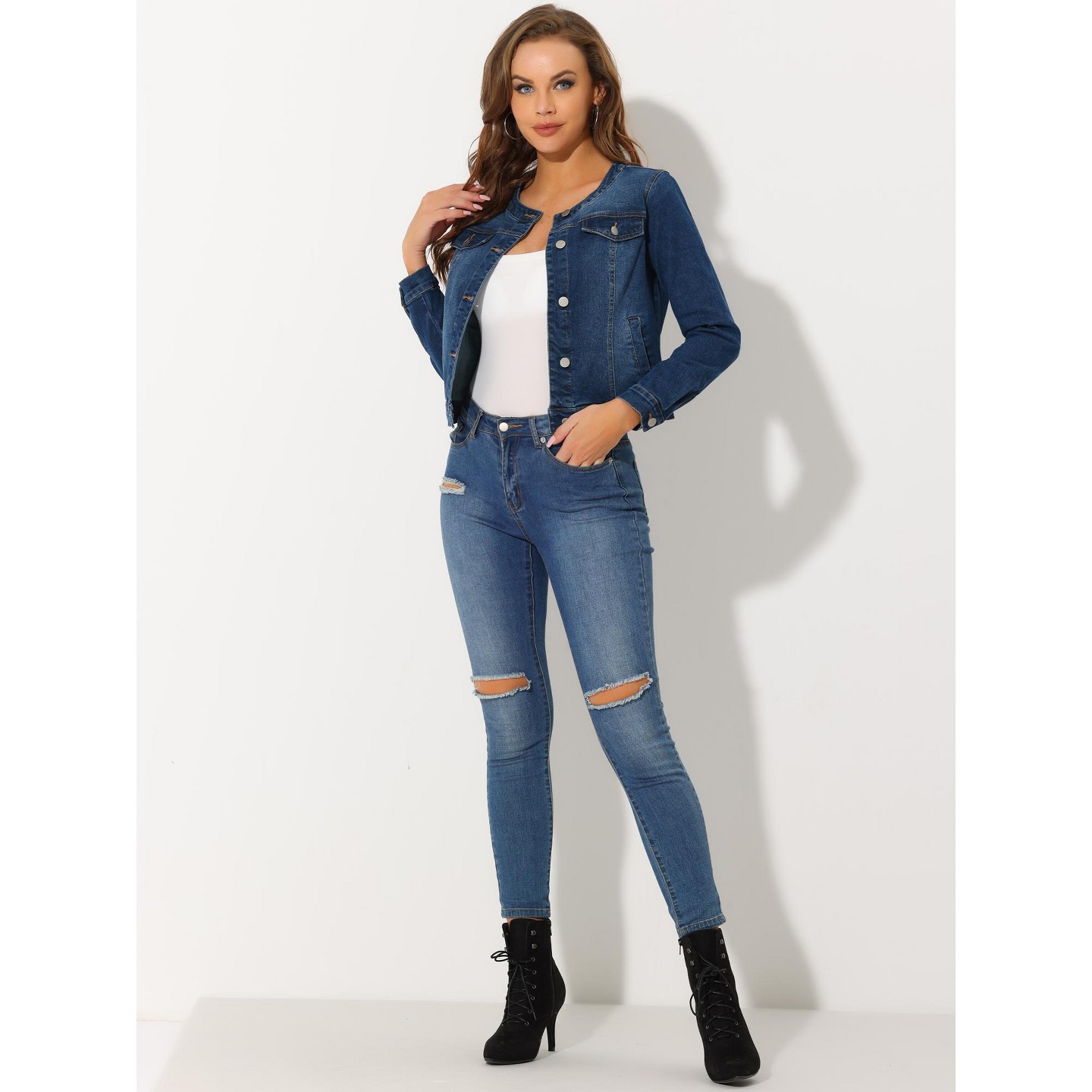 Женские куртки INSPIRE CHIC Button Down Collarless Long Sleeve Jean Jackets Small Dark Blue, цвет: Тёмный синий — фото 2