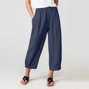 Coolmee Womens Linen Wide Leg Pants Casual Loose Elastic Waisted Cropped Palazzo Pants with Pockets Navy Blue L - 1 of 3