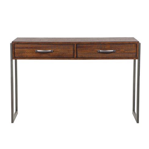 Heavily Distressed Industrial Style Two Drawer Accent Storage Console Table Brown Pulaski