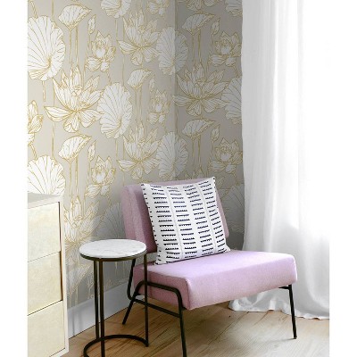Metallic Gold and Gray Lotus Floral Peel and Stick Wallpaper