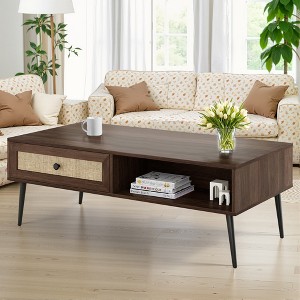 MAYEERTY 47-Inch Walnut Modern Coffee Table - Wooden 2-Tier Rectangular Center Table with PVC Rattan Door Drawer - 1 of 4