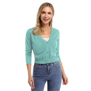Clearlove Women's Cropped Bolero Cardigan – 3/4 Sleeve V-Neck Basic Classic Casual Button Down Knit Soft Sweater Top - 1 of 4