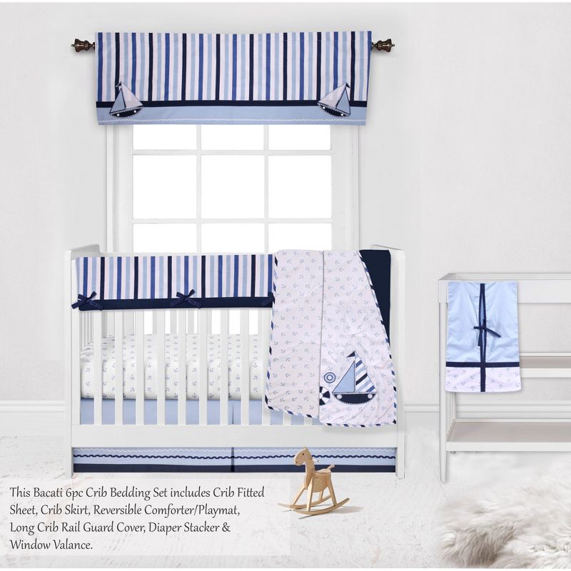 Bacati - Little Sailor Anchor Boat Blue Navy 6 pc Crib Bedding Set with Long Rail Guard Cover, 4 of 12