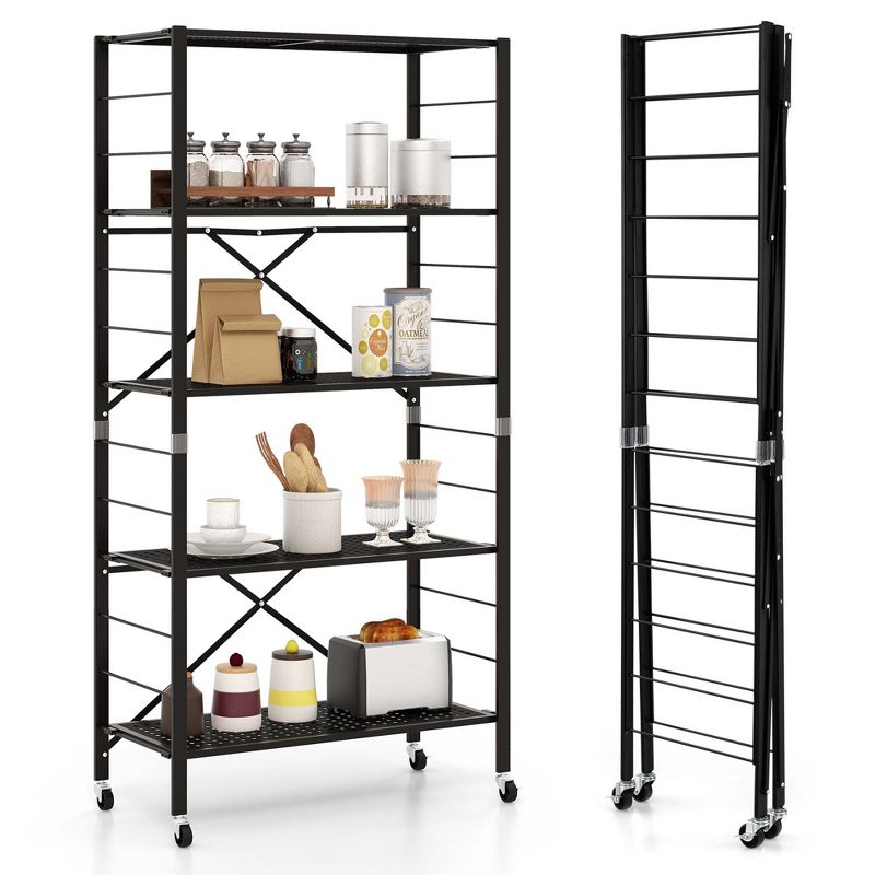 Costway 5-Tier Foldable Storage Shelves Adjustable Collapsible Organizer Rack with Wheels, 1 of 11