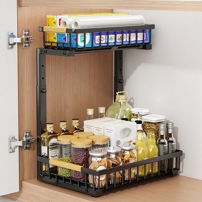 Under Sink Organizer,Metal Pull Out Cabinet Organizer Shelf,Kitchen Bathroom Organizers and Storage with 2 Sliding Drawer Spice