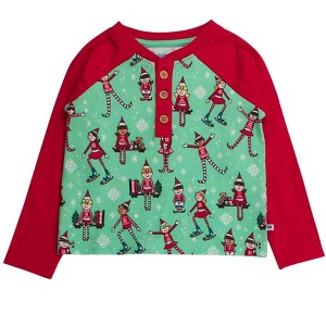 RuggedButts Boys Long Sleeve Raglan Henley Tee - Elf Buddies, 3T - 1 of 2