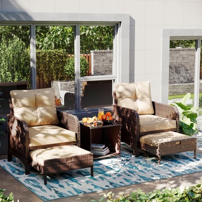 5-Piece PE Wicker Rattan Rattan Seating Patio Conversation Sets With Ottoman
