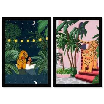 15" x 21" (Set of 2) Boho Tiger Framed Wall Art Prints Green - Wynwood Studio