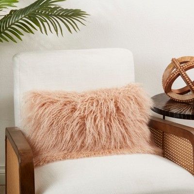 Peach Rectangular Wool Mongolian Lamb Fur Throw Pillow