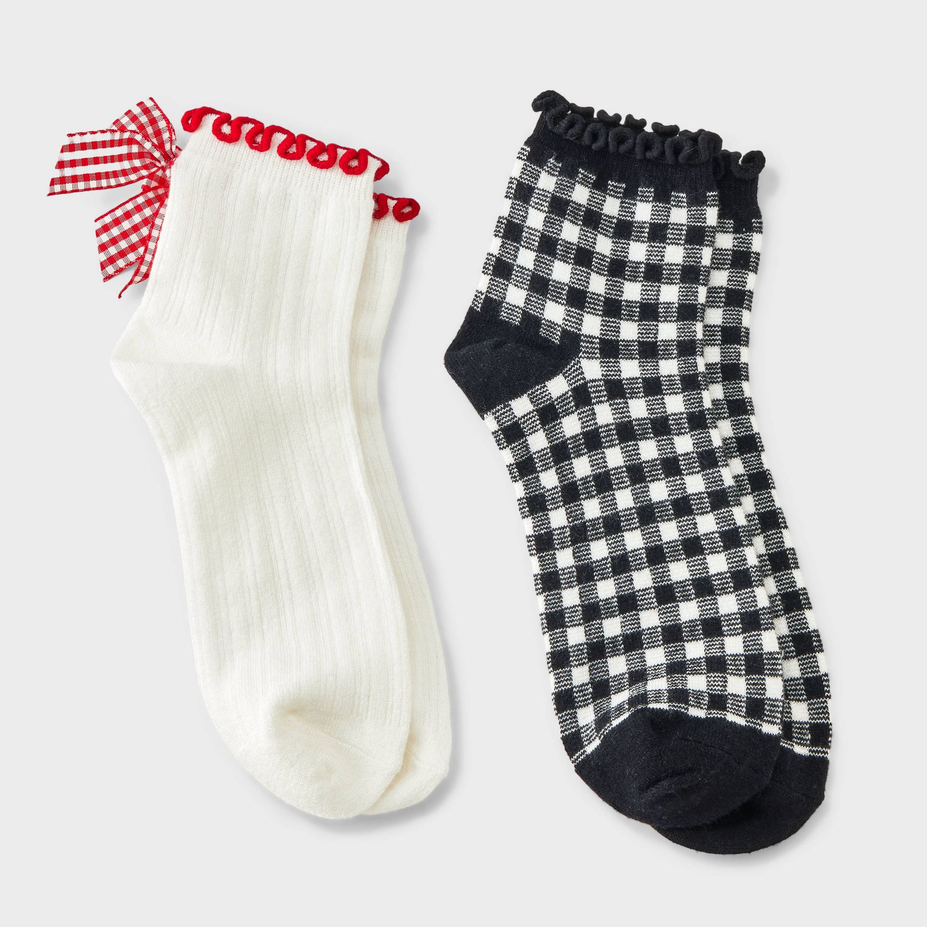 Women's 2pk Comfortwear Gingham Bow Anklet Socks - Auden™ - Sour Cream/Ebony