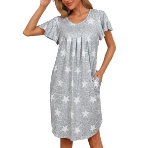 cheibear Women's Pleated Front Short Sleeve Nightgowns House Dress Nightshirt - 1 of 4