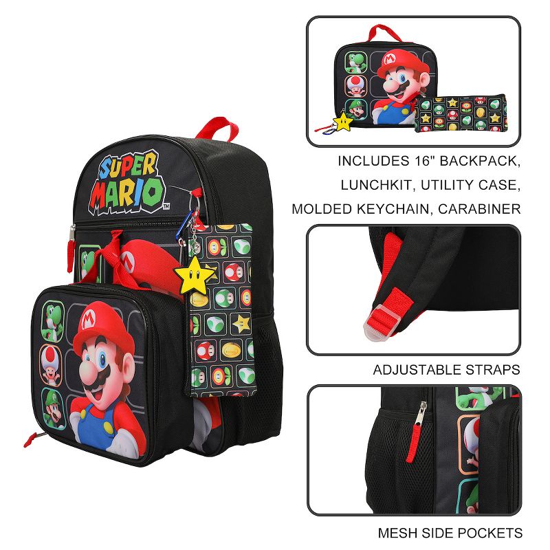 Super Mario Bros Character Grid 16" Youth 5-Piece Backpack Set, 3 of 8