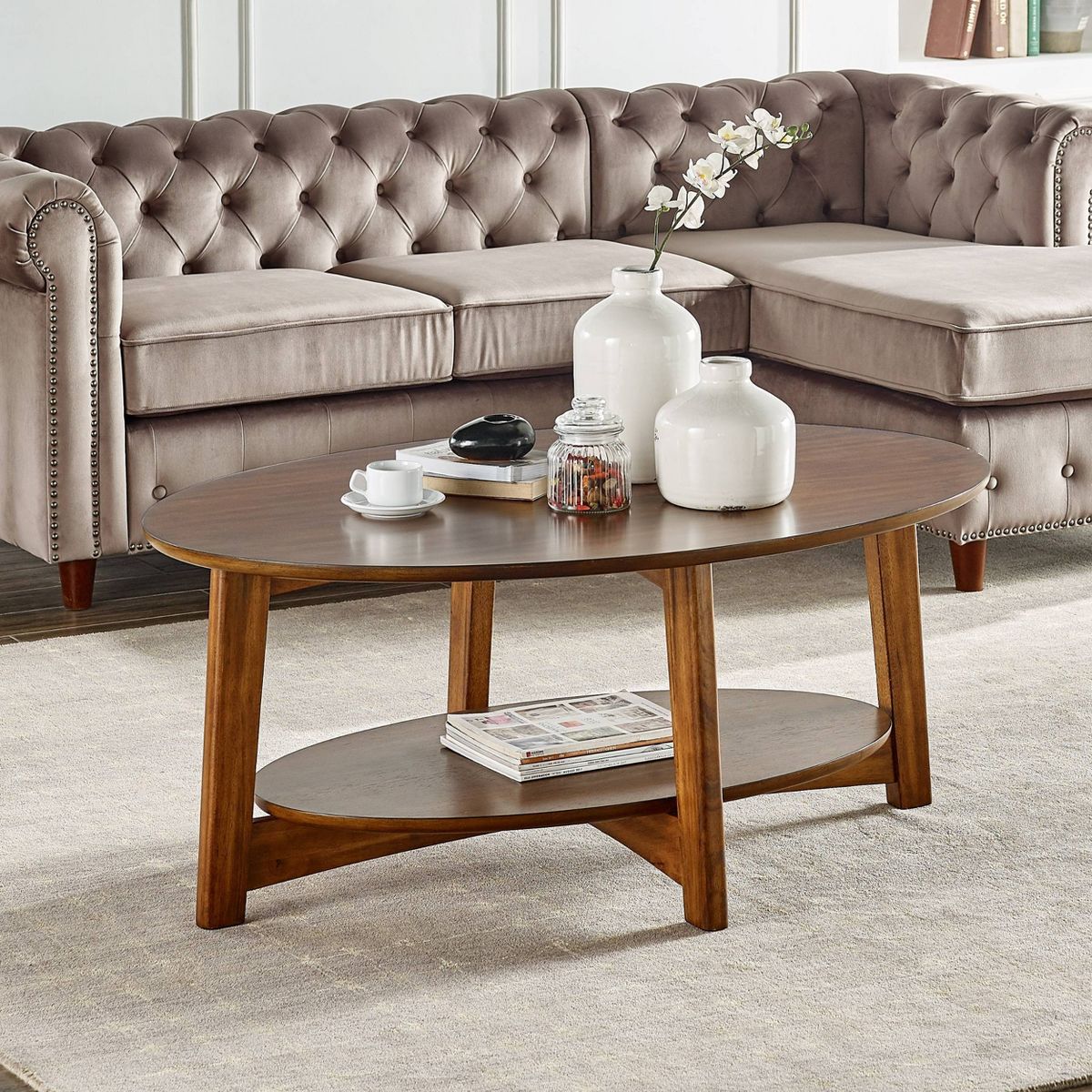 Monterey Oval Mid Century Modern Wood Coffee Table Chestnut: Tapered Legs, Floating Shelf - Alaterre Furniture - thumbnail 7