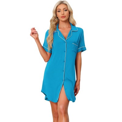 cheibear Women's Notched Collar Button Down Pajama Shirt Dress with Pocket