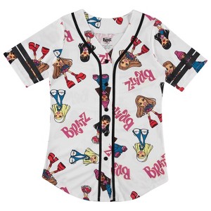 Ladies Bratz Dolls Baseball Jersey - Yasmin, Cloe, Jade, and Sasha Mesh Button Down Baseball Jersey - Bratz 1990's Shirt (White Black, X-Large) - 1 of 4