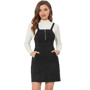 Allegra K Women's Faux Suede Zipper Front Elegant Pinafore Overall Mini Dress - 1 of 4