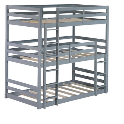 Bellemave Triple Rubber Wood Bunk Bed with Two Built-in Ladders, Guardrails, Twin over Twin over Twin, Detachable Triple Twin Bunk Bed,Grey