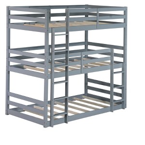 Bellemave Triple Rubber Wood Bunk Bed with Two Built-in Ladders, Guardrails, Twin over Twin over Twin, Detachable Triple Twin Bunk Bed,Grey - 1 of 3