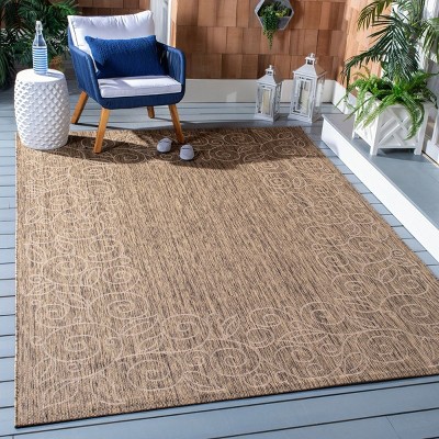 Dark Beige Floral Border Synthetic Outdoor Area Rug