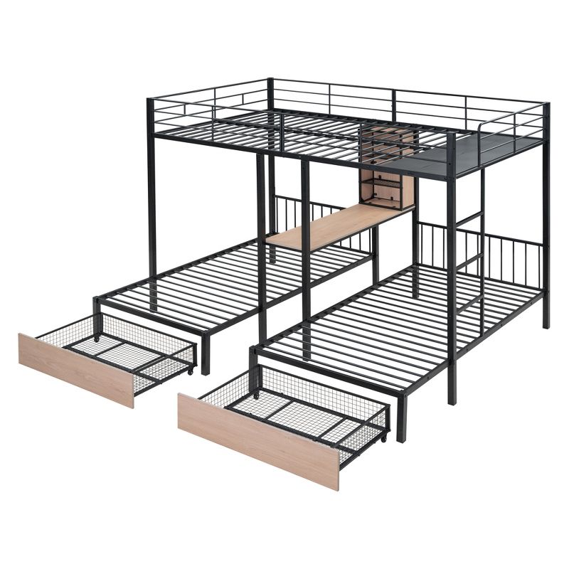 Full Over Twin & Twin Bed with Drawers, Multi-Functional Metal Frame Triple Bunk Bed with Desks and Shelves in The Middle - ModernLuxe, 5 of 13