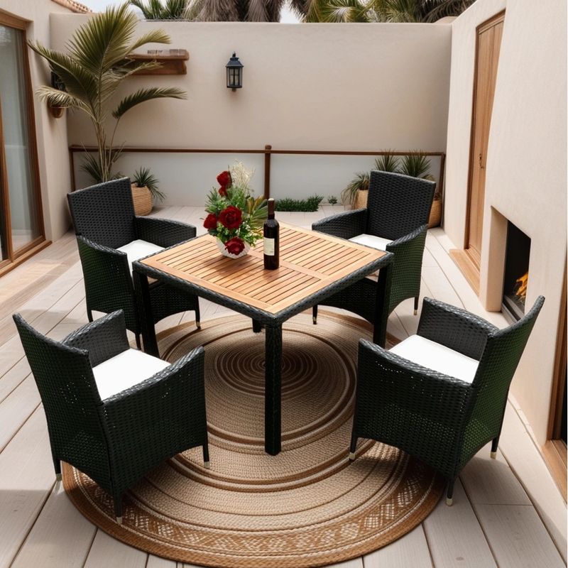 5-Piece Patio Wicker Dining Set, Outdoor Furniture with Acacia Wood Top Table, Black+Creme 4M - ModernLuxe, 4 of 13