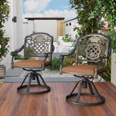 Swivel Patio Dining Chairs Set of 2, Aluminum Outdoor Metal Chairs with Removable Cushions, Patio Seating for Garden, Backyard, Deck, Balcony(Brown)
