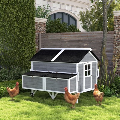 Gray and White Wooden Mobile Chicken Coop with Nesting Boxes