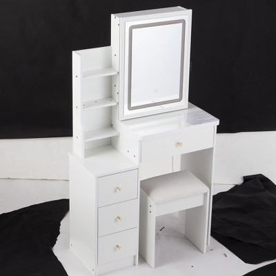 NicBex 29.2" Small Vanity Table with Stool,Vanity Desk with LED Mirror,Makeup Vanity with Touch Control Lights,Tri-color Switching for Bedroom