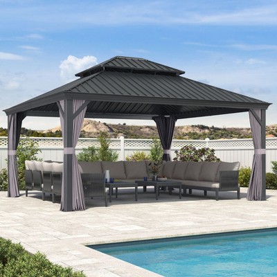 PURPLE LEAF Outdoor Gazebo Aluminum Frame Galvanized Steel Double Roof Patio Hardtop Gazebo with Curtains and Netting for Patio Lawn and Garden