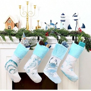 4 Pcs Coastal Stockings 20 Inches Nautical Stocking Starfish Crab Seahorse Beach Ocean Xmas Tree Ornaments Blue and White - 1 of 4
