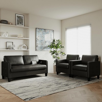 TYBOATLE Faux Leather Sofa 2 Set, Living Room Upholstered Sofa Couch, Mid Century Modern Couch Set with Wooden Legs for Living Room, Bedroom, Office