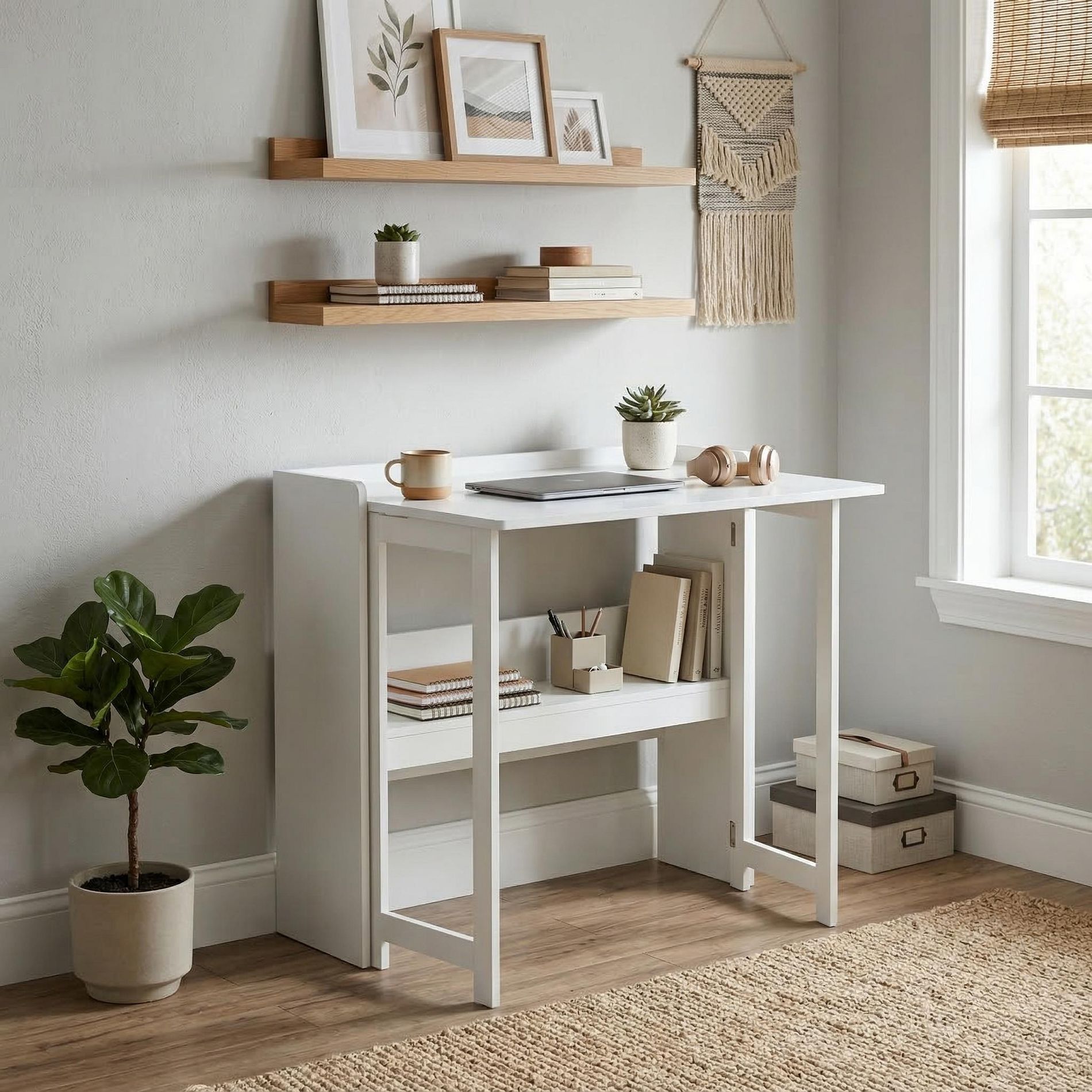 FurnitureR Folding Desk with Storage Shelf, Small Space Drop Leaf Computer Desk with Bookshelf, Writing Desk for Home Office, Bedroom, Apartment