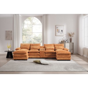 123'' Chenille U-Shaped Sectional Sofas with Console, Cupholders and USB Ports, 6-Seat Upholstered Sleeper Couch with Chaise for Living Room - 1 of 4