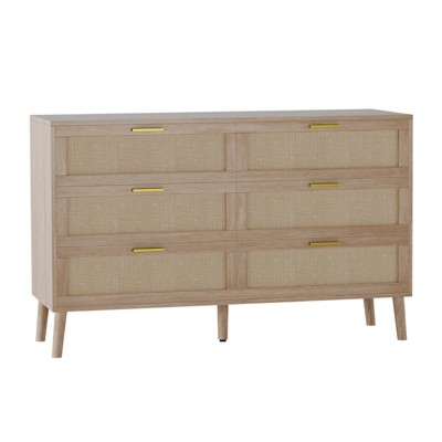 6 Drawer Vanity Dresser – Natural Rattan with Gold Handles, Farmhouse Style, 5 Strong Legs for Bedroom, Living Room, Hallway, Entryway, Oak