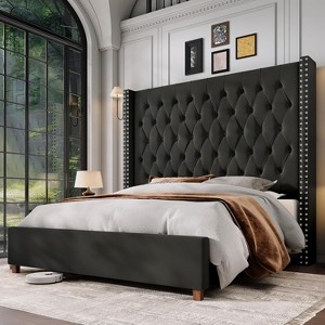 AMERLIFE Bed Frame with 61.4" Headboard,Velvet Tufted and Handmade Pleat Deep Button - 1 of 4