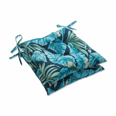 Outdoor/Indoor Tufted Seat Cushions Tortola Midnight Blue - Pillow Perfect: Weather-Resistant Polyester Fiber, Botanical Print