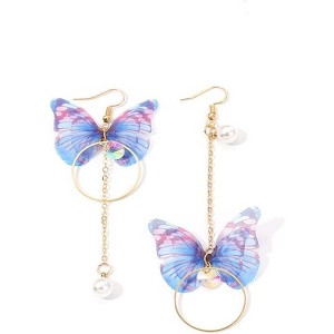 Fluttering Butterfly Tassel Earrings - Asymmetric Design with Pearl Accents and Delicate Tulle Wing Details - 1 of 4